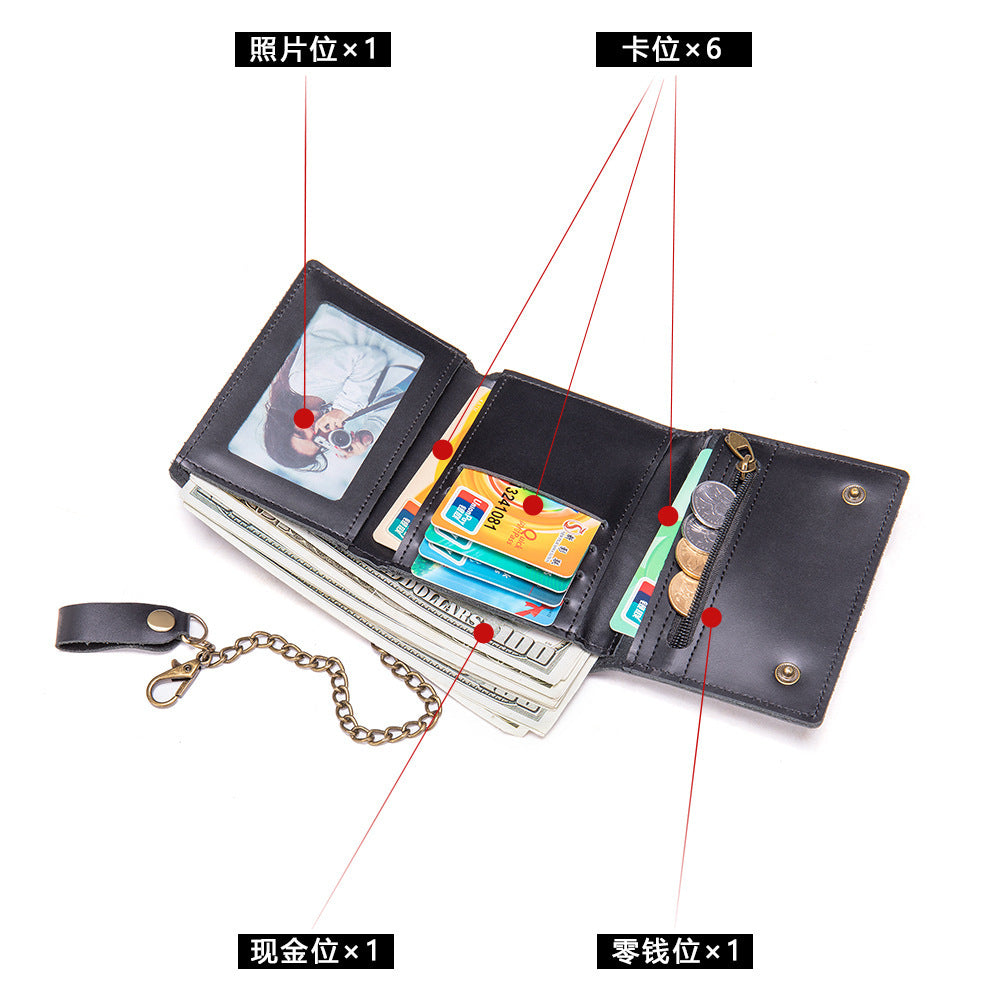 メンズ短財布 牛皮本革製 レトロチェーン 多機能  3つ折り 盗難防止 男性用ウォレット