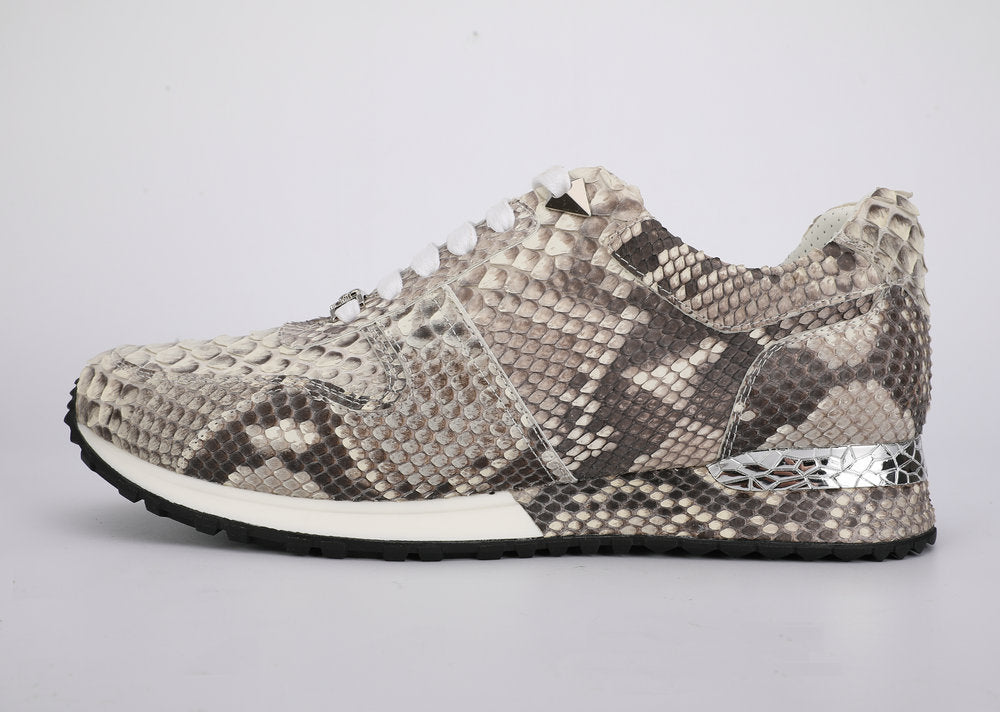 ニシキヘビ皮 本革 メンズスニーカー スポーツカジュアルシューズ 耐摩耗通気男性靴