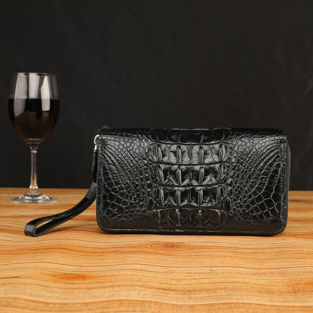 Siamese Crocodile Skin Men's Long Wallet Double Zipper Card Bag Genuine Leather Wallet Handbag 