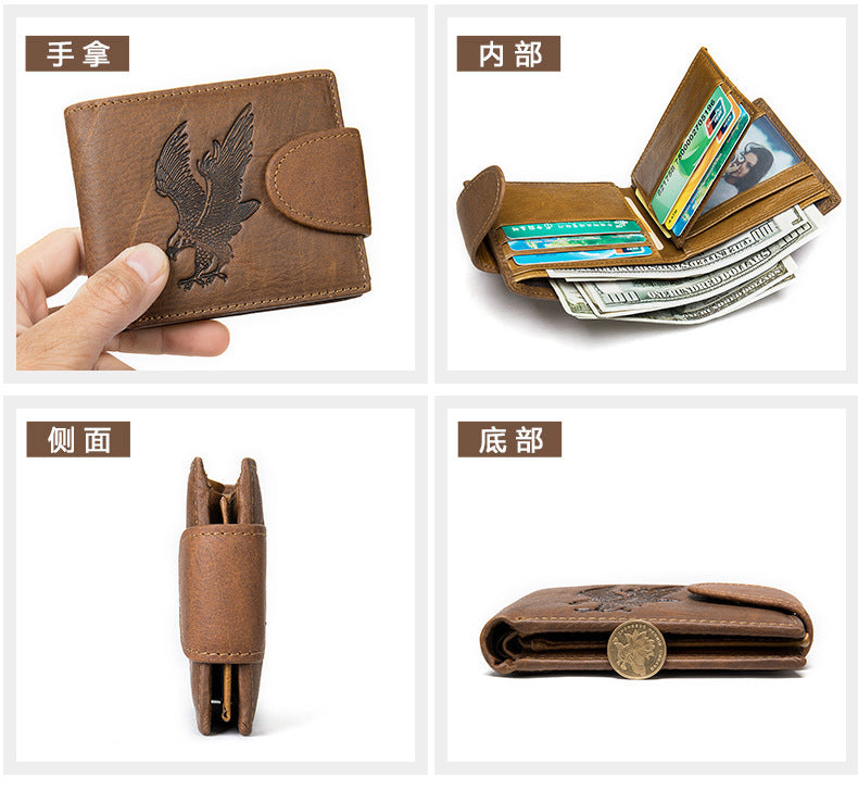 メンズ短財布 牛皮本革製 鷹 個性 ファッション 男性用カードバッグウォレット