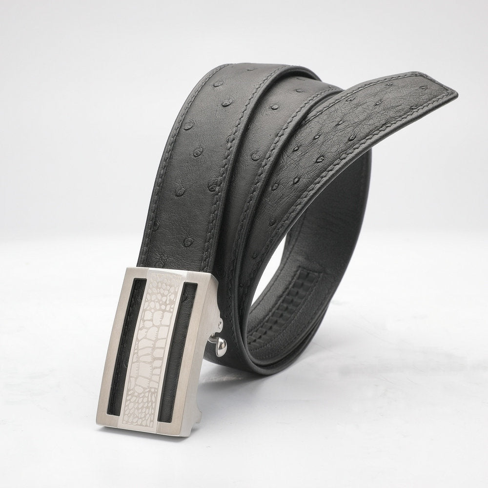 ダチョウ皮 本革メンズベルト自動バックル カジュアル 幅3.4cm 男性ベルト ギフト プレゼント