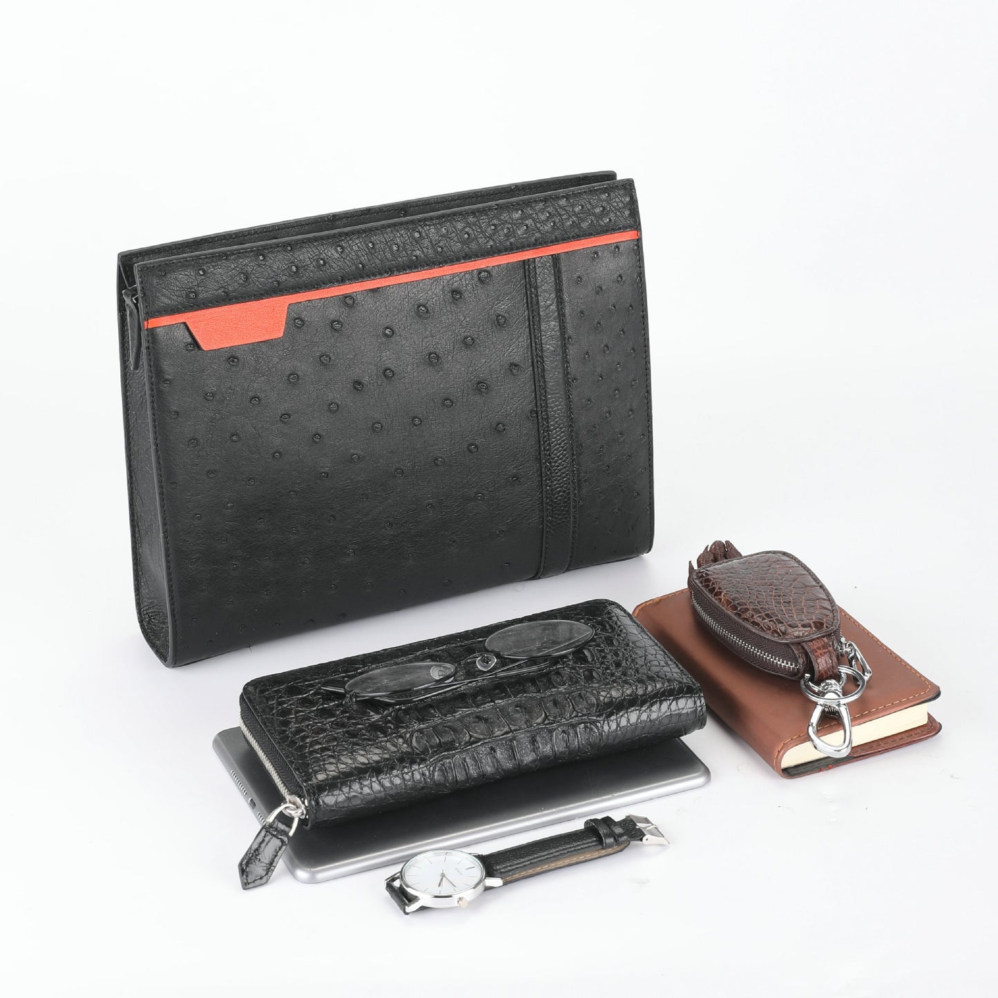 新型ダチョウの皮本革メンズハンドバッグビジネス カジュアル高品質メンズバッグ